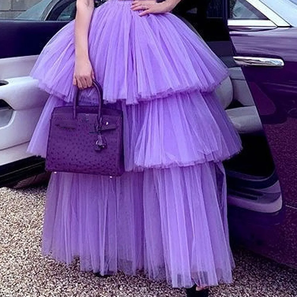 

Светло-фиолетовые пышные женские юбки-пачки с высокой талией, пышные многоярусные тюлевые юбки с рюшами, официальная юбка на день рождения, вечерние макси-юбки-пачки