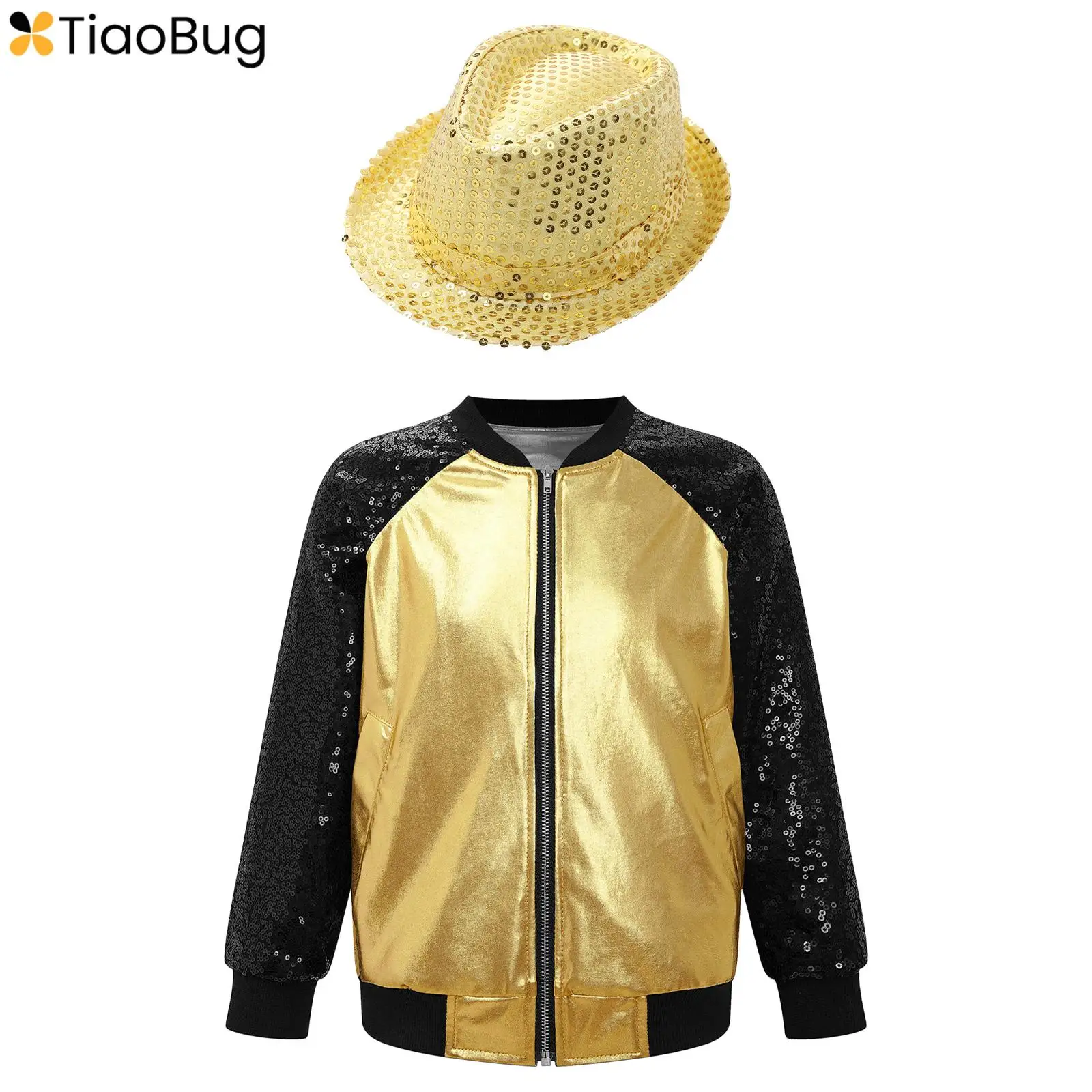 

Kids Girls Boys Sequin Metallic Bomber Moto Jacket Coat Hip Hop Jazz Dance Top with Hat Disco Party Costume Children's Day