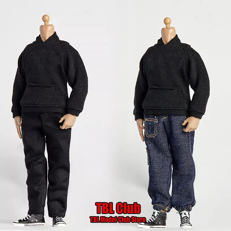 1/12 Scale Male Soldier Black Sports Hooded Pullover Trendy Casual Pants Multi Pocket Jeans Fit 6inch Action Figure Doll