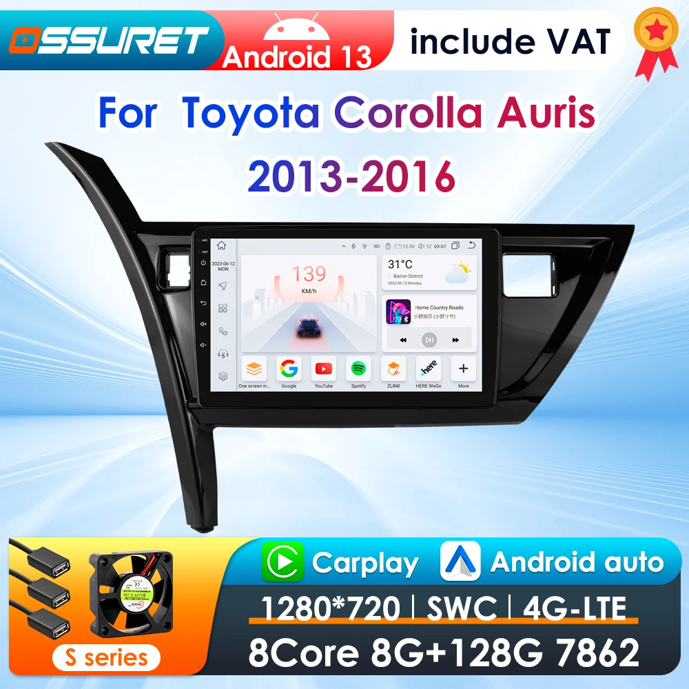 2Din Android 13 Car Multimedia GPS Player For Toyota Corolla Auris 2013-2016 Carplay 4G Intelligent Screen autoradio 360Camera