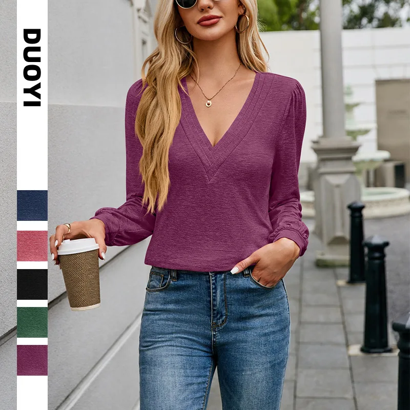 

New Women's Autumn Winter Layered V-Neck Solid Color Long-Sleeve T-Shirt