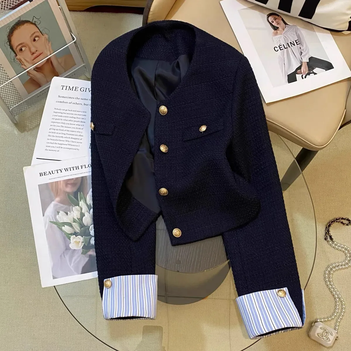 Woman Spring Autumn French Gold Button Tweed Jacket Blue Short Jacket for Women Fashion Striped Patchwork Long Sleeve Coat