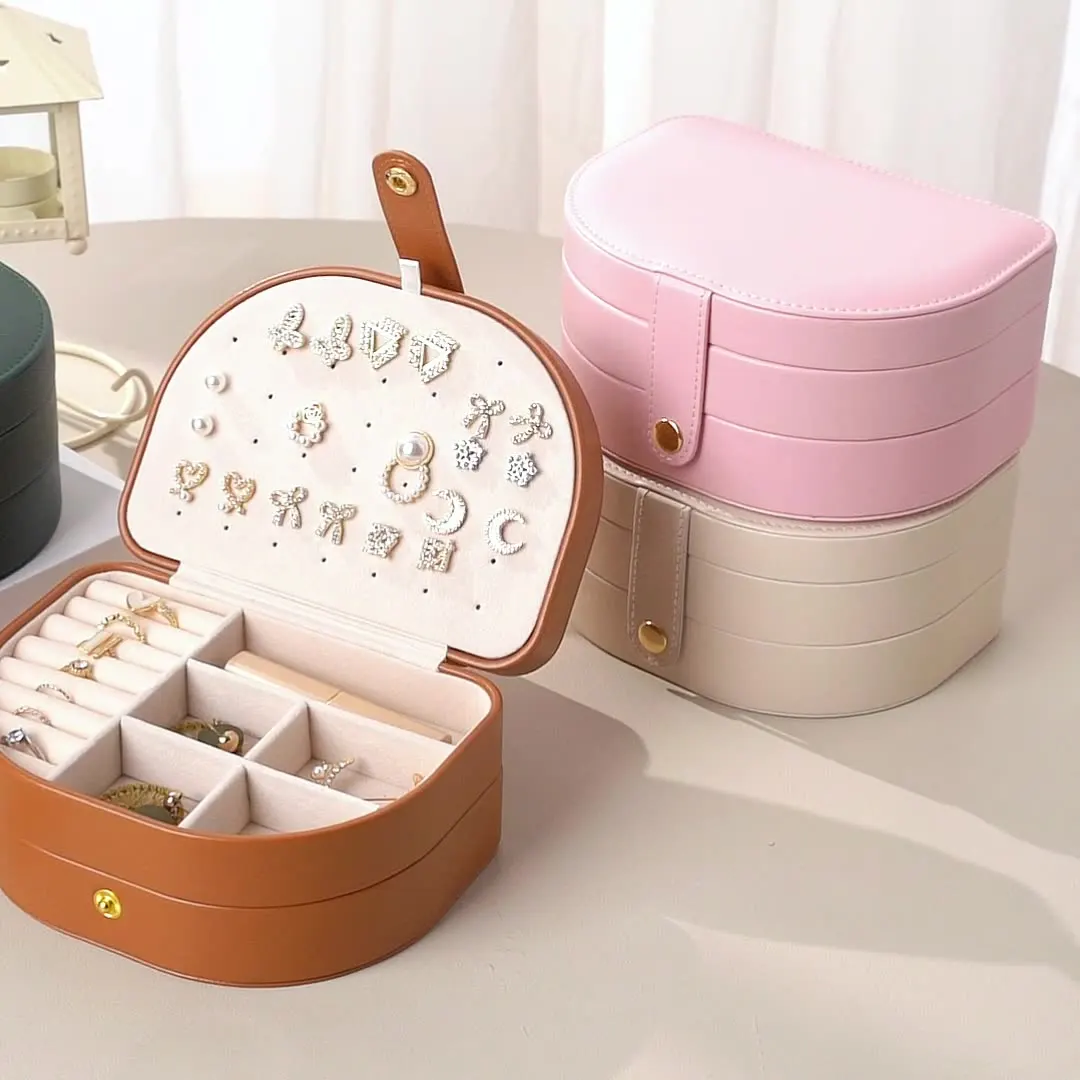 Half Round Jewelry Box Multi-functional Storage Organizer for Rings Earrings Necklaces with Cassette Button