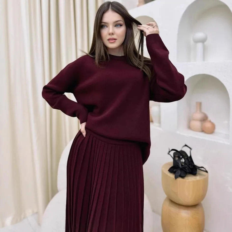 Ensemble pull tricoté et jupe plissée pour femme, couleur Pure, rond, Ne, vêtements de sport décontractés, automne et hiver