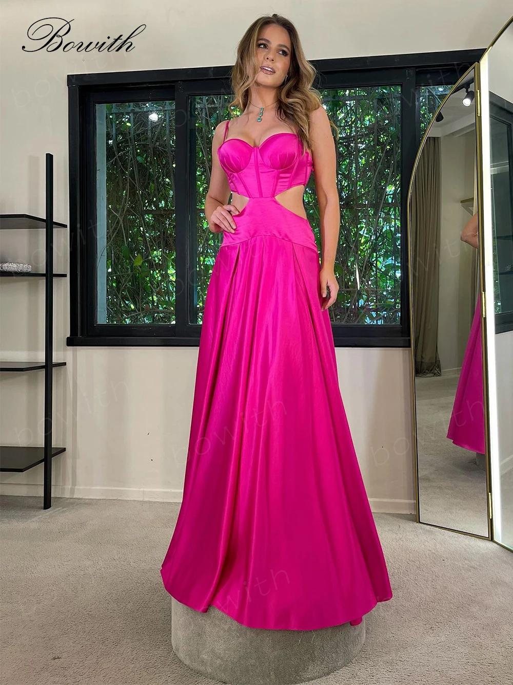 Bowith Fuchsia Evening Dresses Long Luxury 2023 A Line Prom Dresses Cut Out Prom Dresses for Gala Party vestido de noche