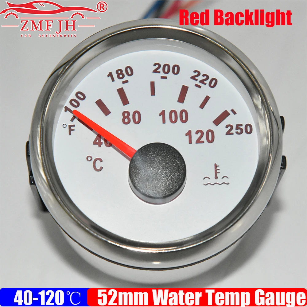 

ZMFJH Указатель красной подсветки 52 мм Датчик температуры воды 40-120 ℃ Индикатор измерителя температуры воды для автомобиля, лодки, яхты, морской 12V24V