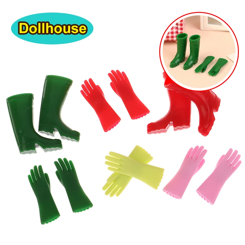1Set 1:12 Miniatur Rumah Boneka Sepatu Bot Hujan Sarung Tangan Berkebun Sarung Tangan Memasak Sarung Tangan Mencuci Model Dekorasi Peternakan Mainan