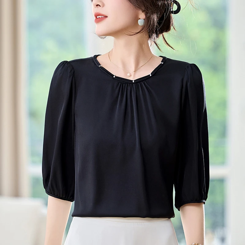 

Новая женская блузка из натурального шелка 19 мм, однотонная, летняя, элегантная, модная, с рукавом до локтя, свободного кроя, коллекция 2026 года