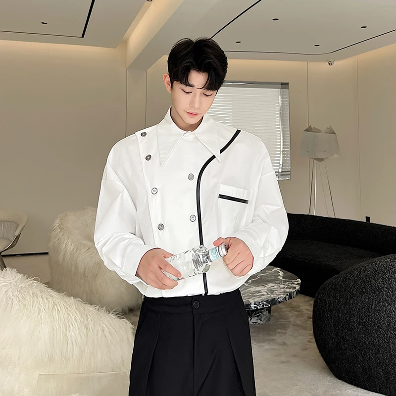 

Loose Fit Double Breasted White irt Men's Spring Faion Slanted Buttoning Large Collar Color Blo Trendy Top Polyester Fiber