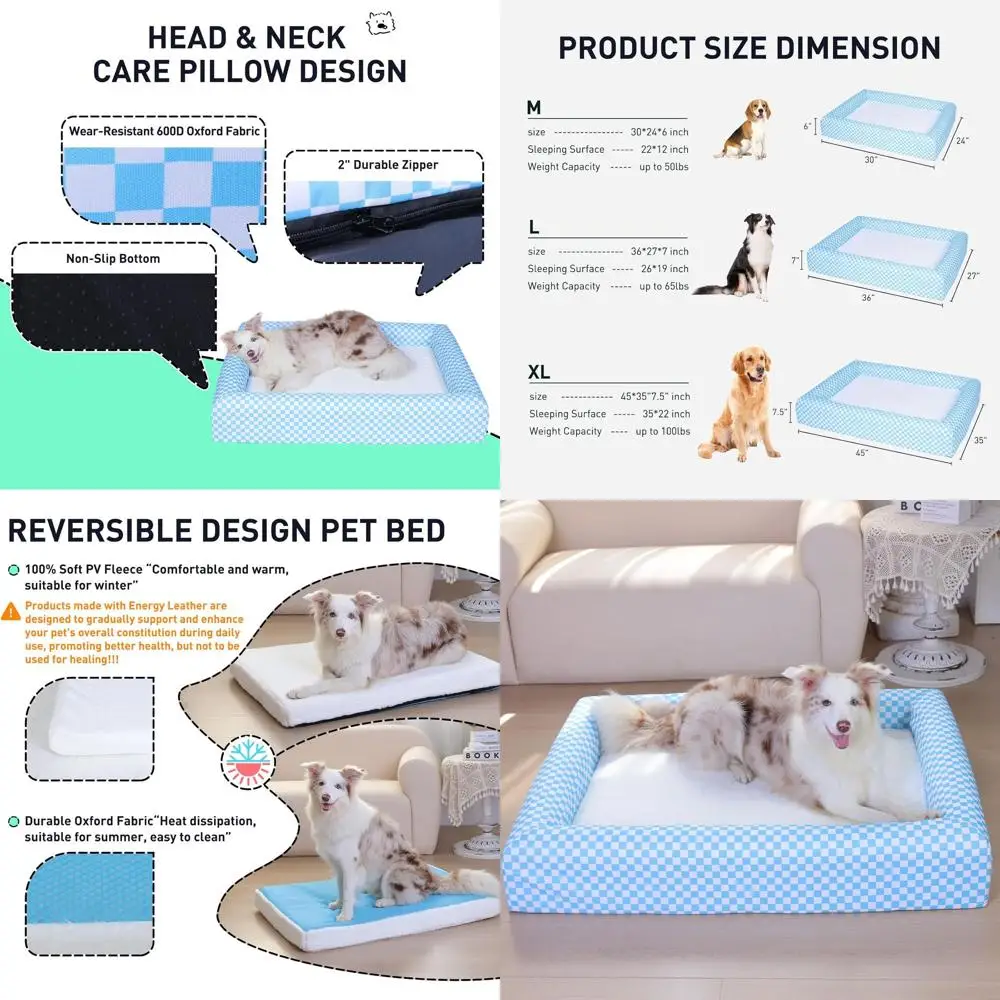 

Orthopedic XL Dog Bed with Bolster, Dual-Sided Cooling Mat, Memory Foam, Removable Washable Cover, Non-Slip Base, Blue