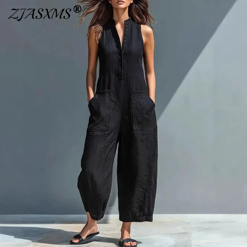 

2026 New Spring Solid Linen Women's Jumpsuit Elegant Stand Collar Button Shirt Romper Summer Sleeveless Wide Leg Pocket Overalls