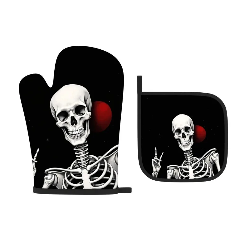 2pcs Skull Design Polyester Oven Mitt Set, Heat Resistant Woven Potholders for Cooking, Baking, Grilling, Broiling