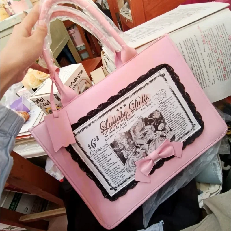 Bolso de mano Vintage de gran capacidad para mujer, bolsa de hombro con lazo Lolita, color rosa dulce, Pu, Harajuku