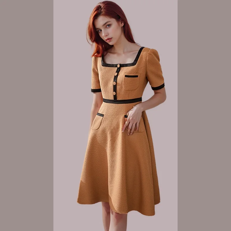 High end exquisite dress with a small fragrant style, contrasting colors, generous collar, and slim skirt