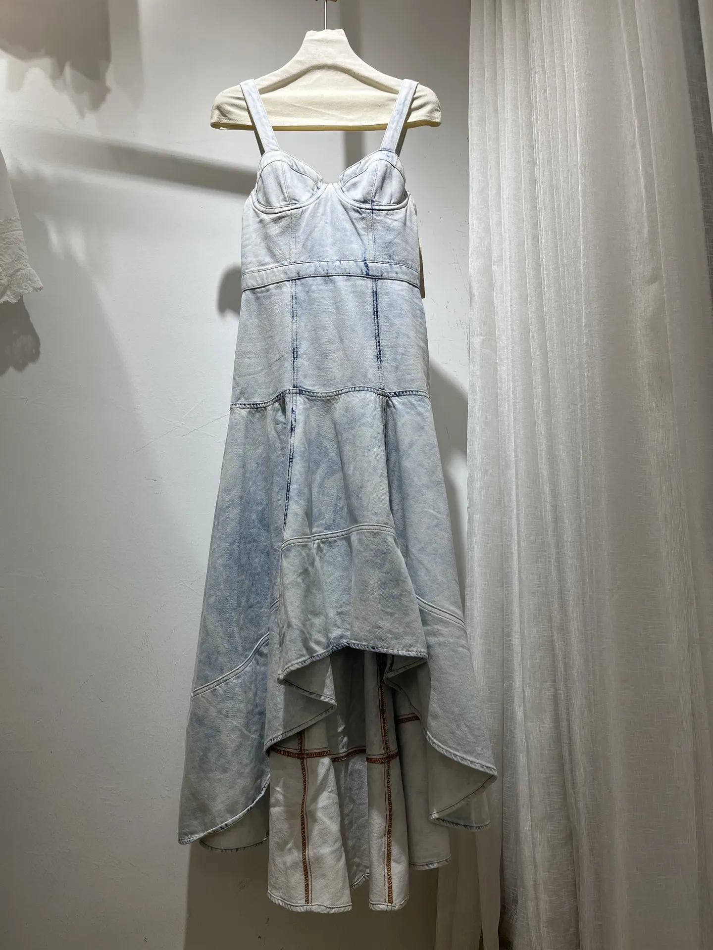 Women Strapless Bra 100% Cotton Sleeveless Irregular Hem Denim Sling Midi Dress