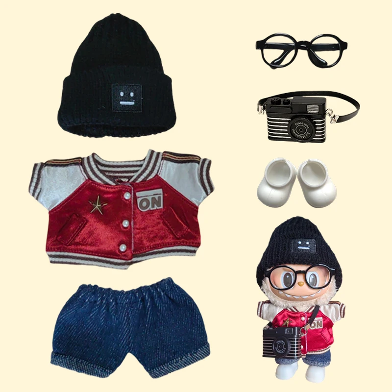 17cm Mini Doll'S Clothes Outfit Accessories For Labubu V1 V2 Striped overalls hats glasses shoes Cool handsome Clothing Gift