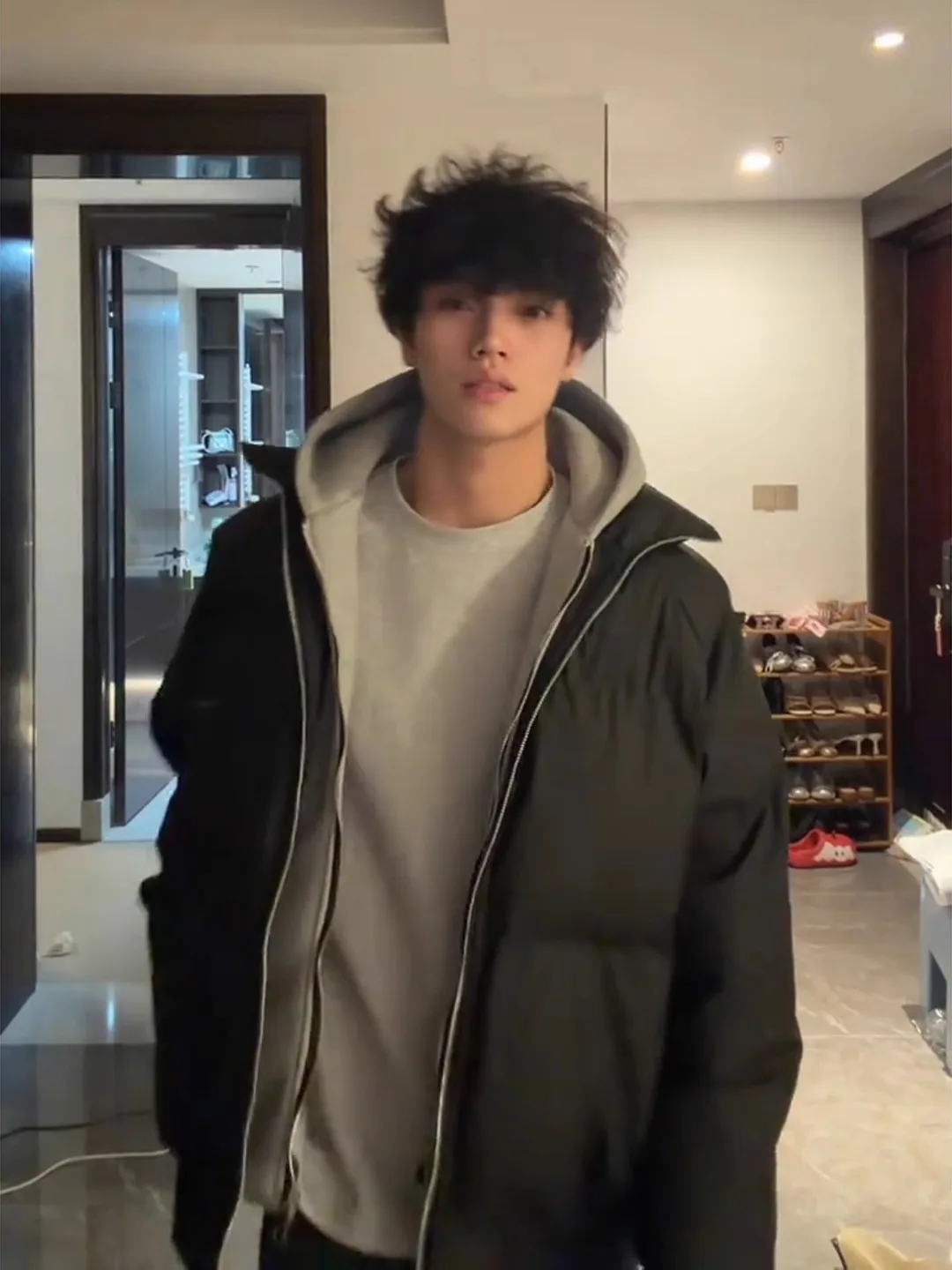 

American Sle Thiened PU Leather Hooded Jaet Cotton Coat Men's Winter Double Zipper Cotton Clothes High-End Bread Jaet