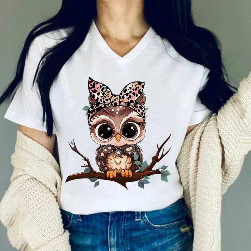 Cartoon Leopard Owl Print T Shirt Women Cute Owl Graphic Shirts Casual Short Sleeved White Female Tee V-neck Harajuku T-shirts