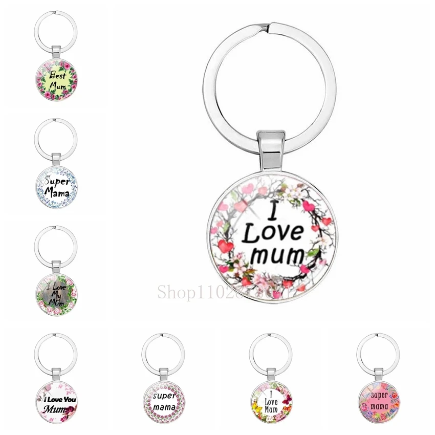 Hot Selling Fashion Jewelry Glass Pendant Alloy Keychain I Love Mama Grace Classic Gift