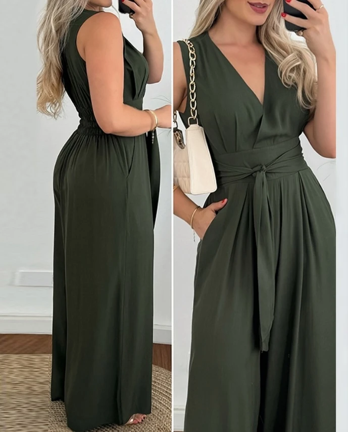 

Wide Leg Jumpsuits for Women 2024 Summer Casual Simple Solid Color V-Neck Tied Detail Pocket Design High Waisted Jumpsuit