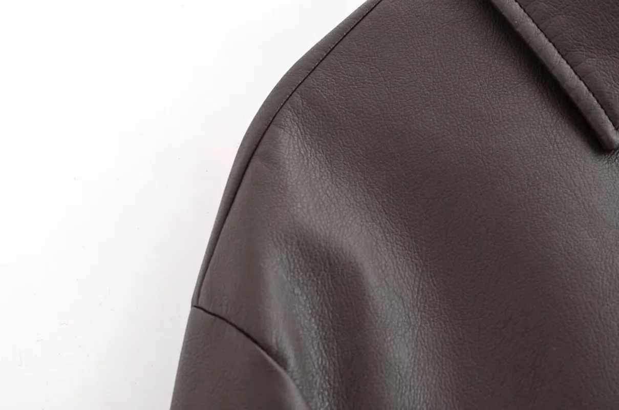 Tidalyf 2025 سترة نسائية جلدية منفوخة بياقة على شكل طية صدر وأكمام طويلة وسحاب أمامي وجيب مخفي بحاشية مرنة ملابس خارجية أنيقة غير رسمية #4