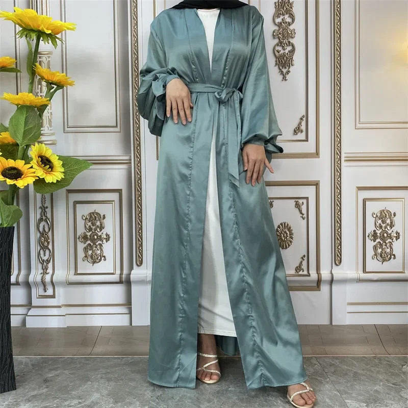 Ramadan solide ouvert Abaya Kimono dubaï turquie manches bouffantes Satin musulman Hijab robe Abayas pour les femmes caftan marocain Islam vêtements