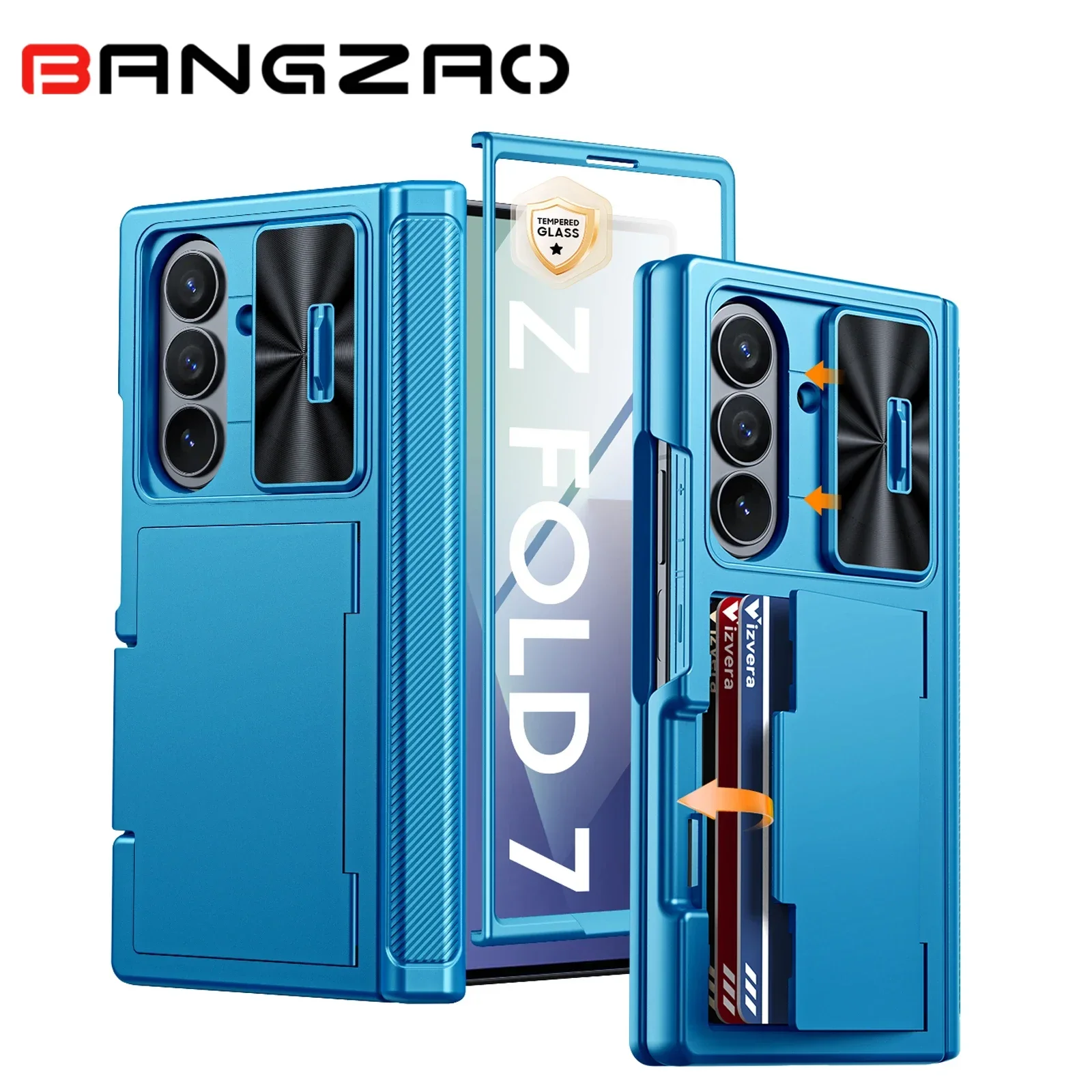 

Shockproof Case for Galaxy Z Fold 7 with Card Holder,Slide Camera Cover,RFID Blocking,Military Grade Drop Protection-Light Blue