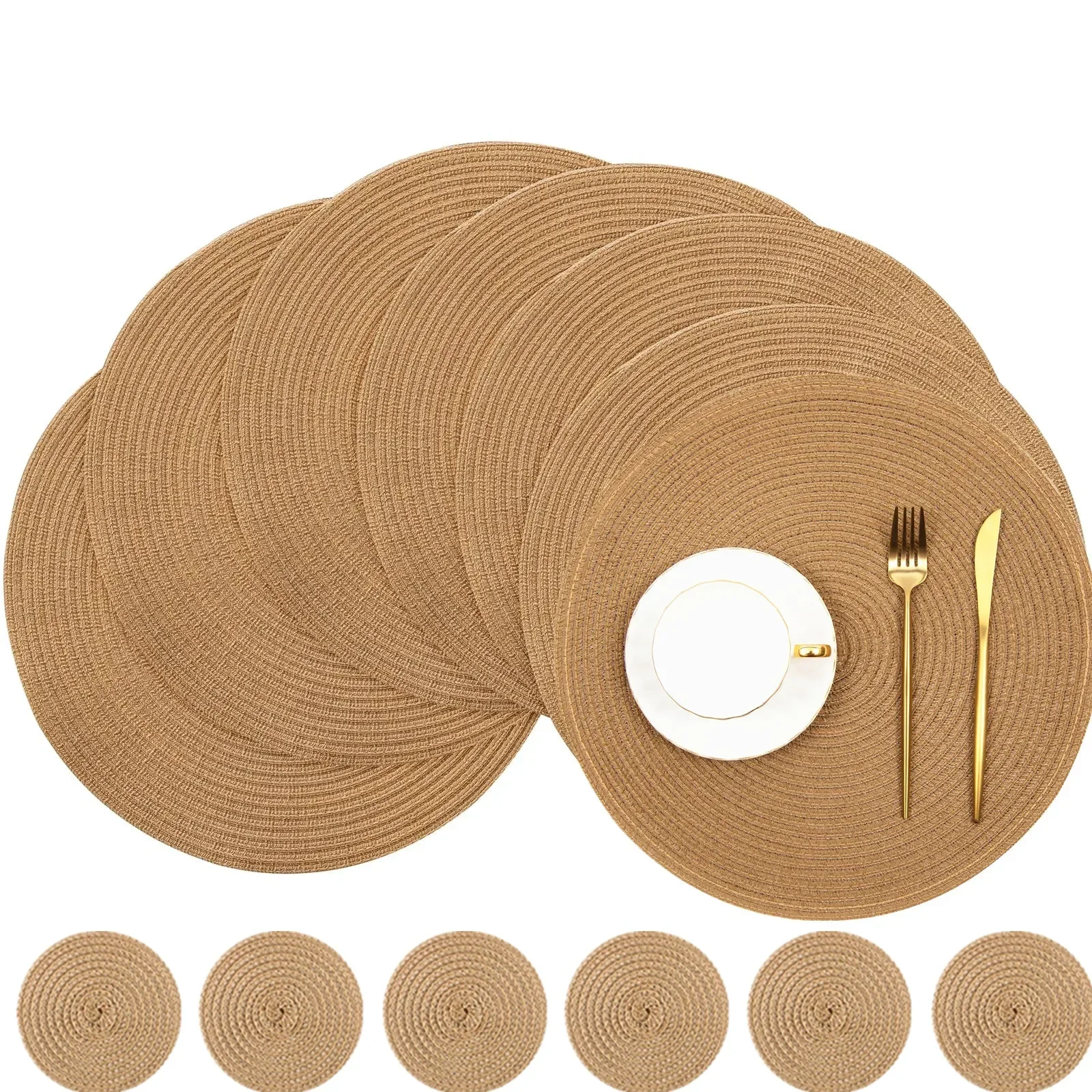 

Round Braided Placemats Set of 6 Washable PP/PET Heat Resistant 34cm Table Place Mat for Kitchen Xmas Dining Table Party Decor