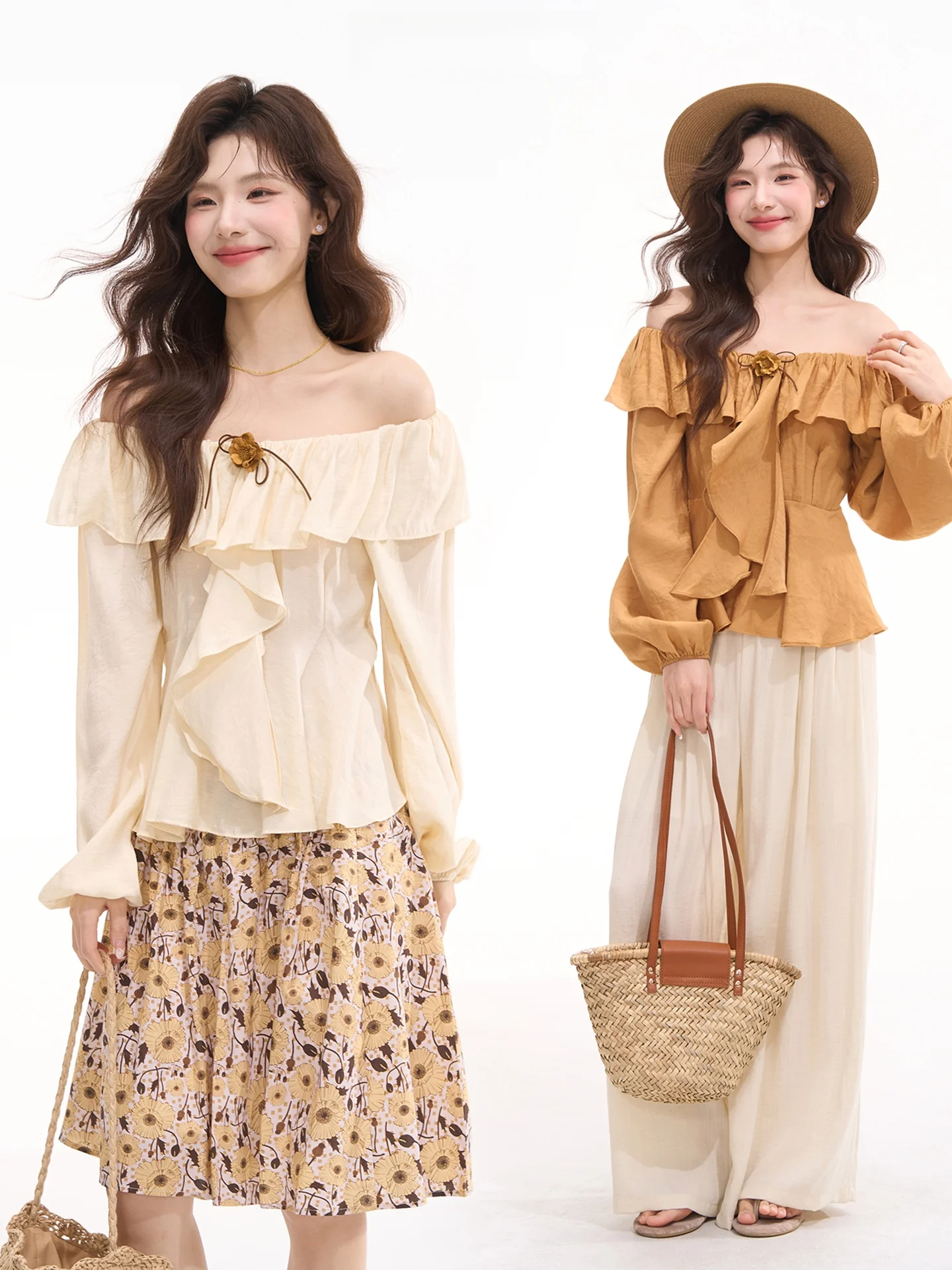 

Floral Long Sleeve Women's Shirt Spring Summer Casual Style Korean Sweet Style Pear Pit Shallow Hem Leaf Flower Top