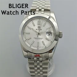 BLIGER 36mm/39mm Men Watches NH35 Automatic Movement Fixed Sloping Bezel White Dial Sapphire Glass Green Luminous Steel Strap
