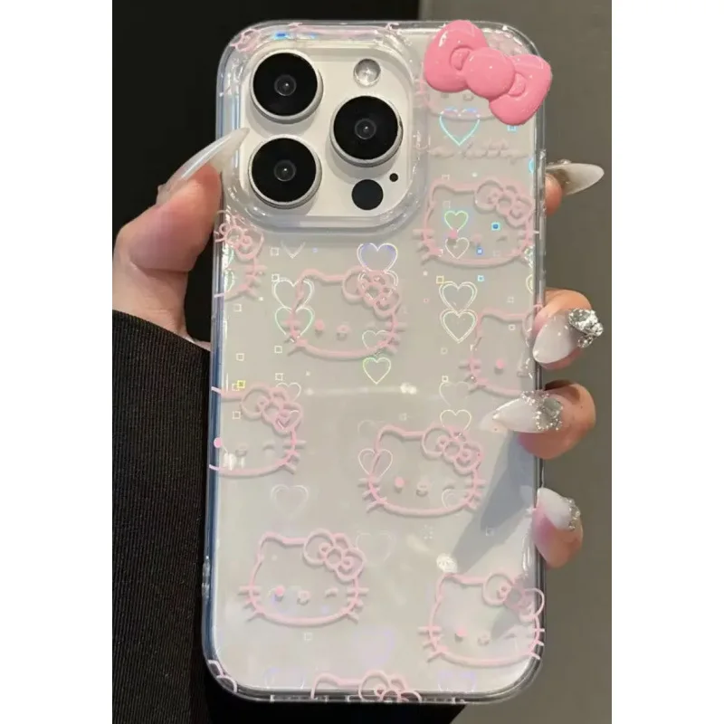 

Sanrio Hello Kitty Bow Kawaii Holder Phone Case For iPhone 16 15 14 12 13 11 Pro Max Bow Laser Cover