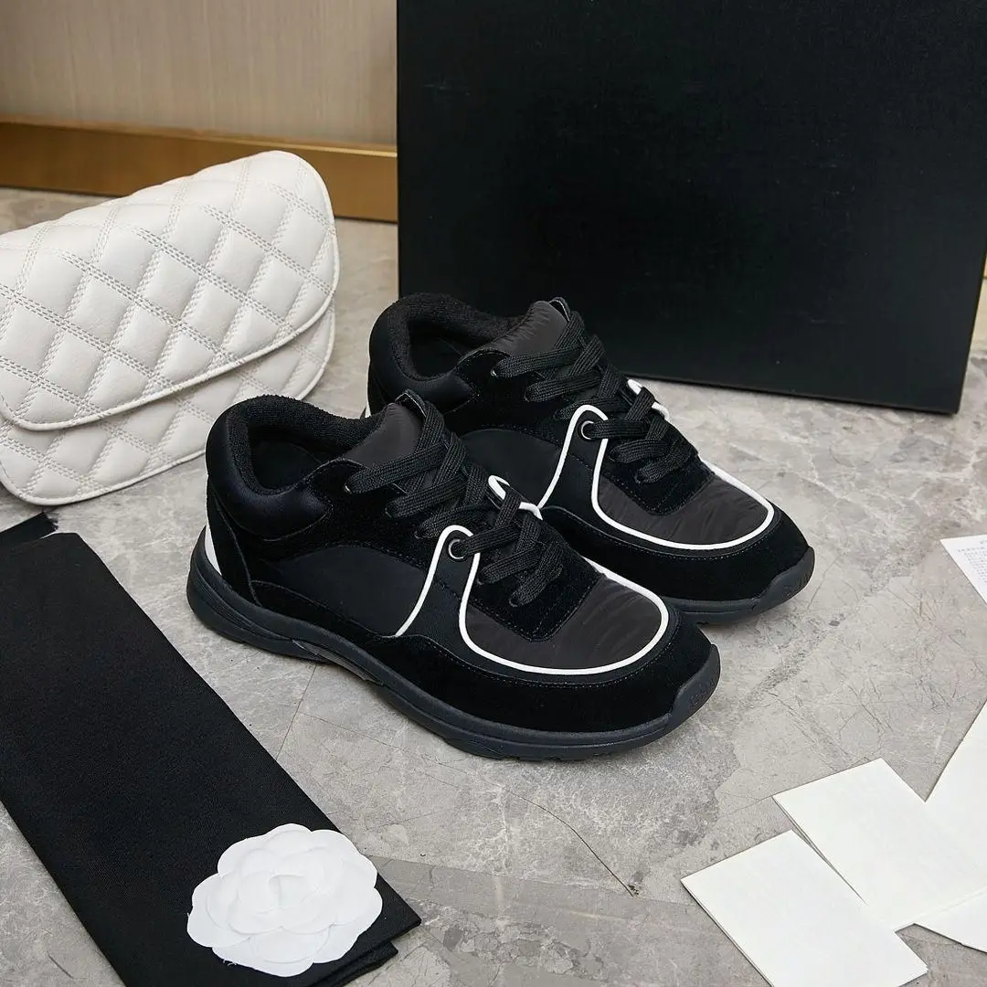 Men Women All‑Black Contrast‑Piping Sneakers Mixed‑Material Upper Wear‑Resistant Non‑Slip Daily Walking Shoes