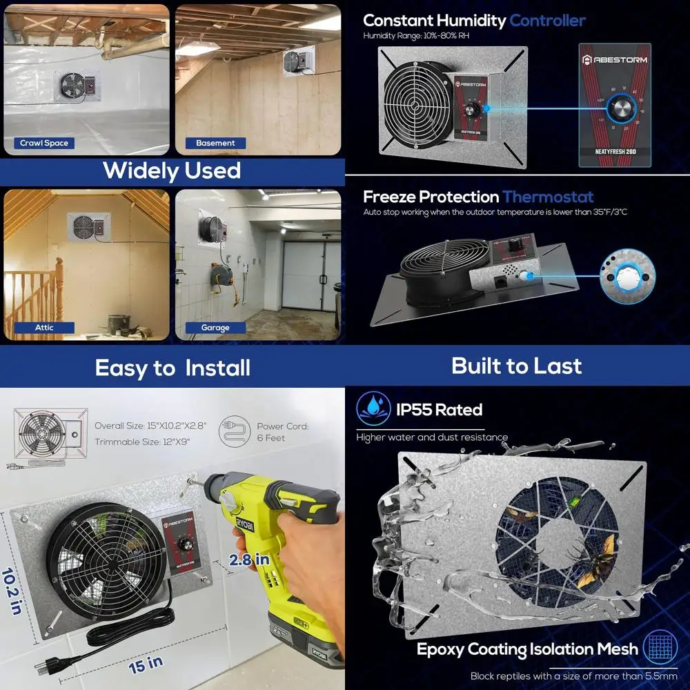 

8.7 IP55 Rated Crawlspace Vent Fan with Humidistat, 540 CFM for Basement, Garage, Attic, Grow Tent
