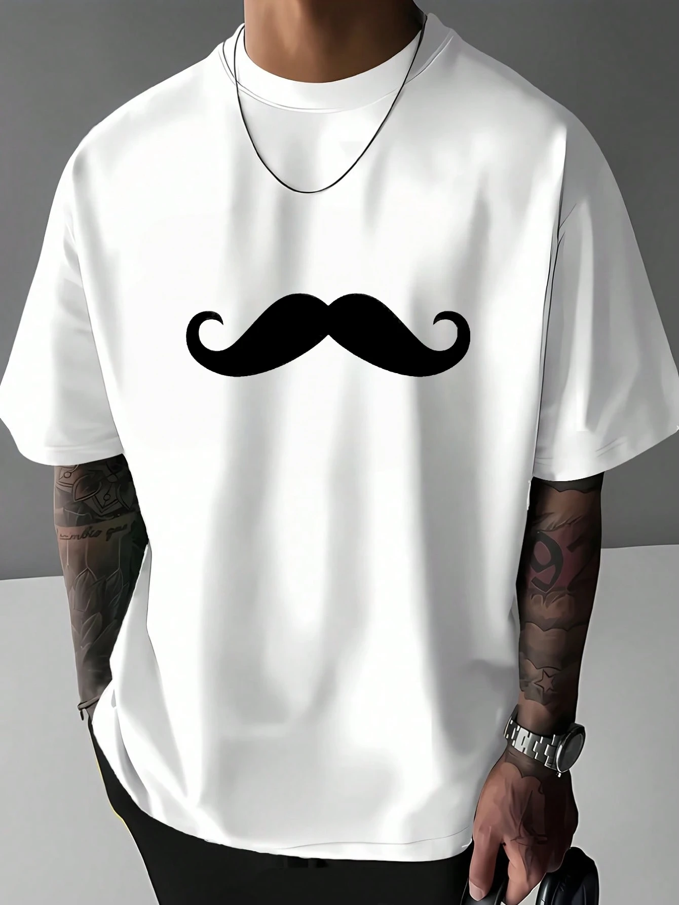 Mens Minimalist Gentleman T Shirt Curly Mustache Symbol Graphic Print Short Sleeve Crew Neck Casual Cotton Male Fashion Tee