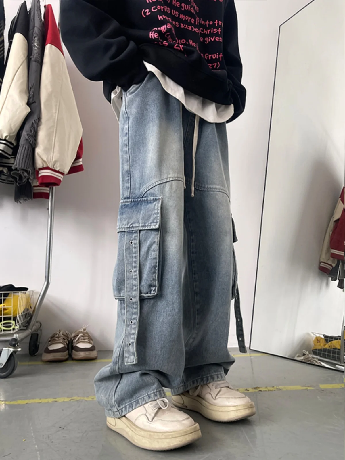 

American Retro Workwear Jeans Men's Straight Leg Autumn Winter Drifting Belt Design High Street Hiphop Pants Loose Fit Youthful