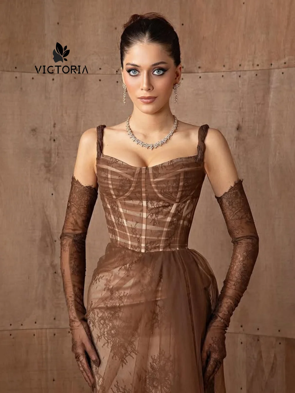 Suknie wieczorowe na ramiączkach spaghetti z brązowej koronki w stylu Dubai z rękawiczkami, syrenie suknie balowe na Nowy Rok, Arabia Saudyjska, model 2026