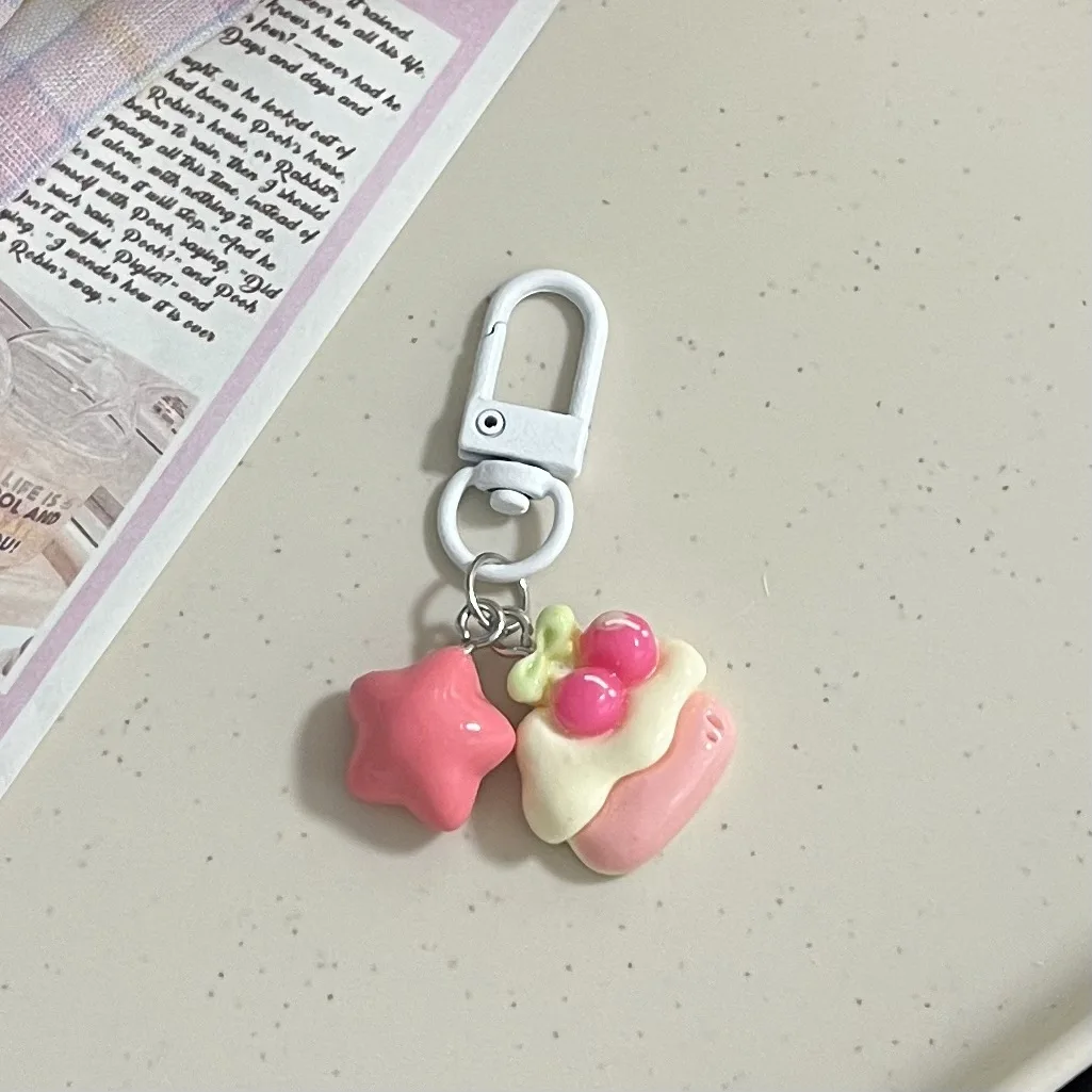 Keychain Cute Bear Cake Soft Charm Star for Schoolbag Backpack Purse Friend Gift Cartoon Resin Metal Alloy Lightweight Cream