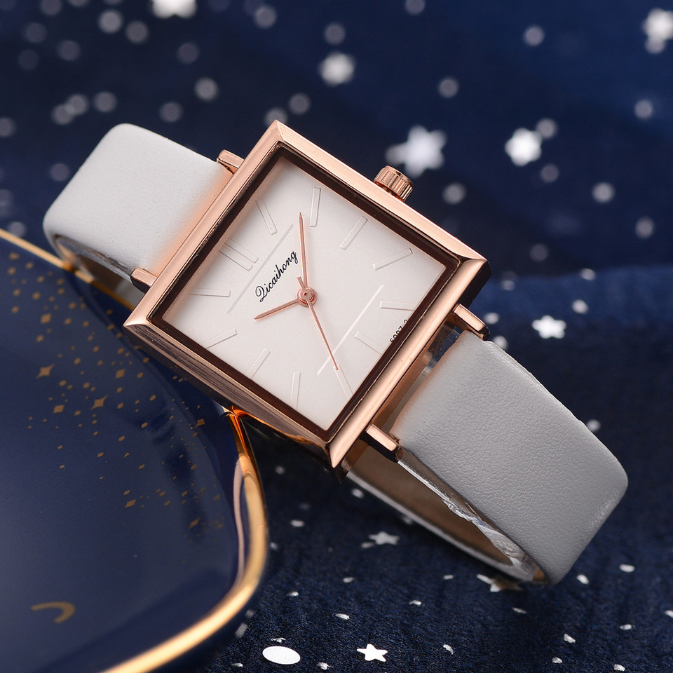  Minimalist Women’s Watch Slim Square Dial Rose Gold Frame Quartz Watch Chic White Elegant Ladies Leather Strap Wristwatch 
