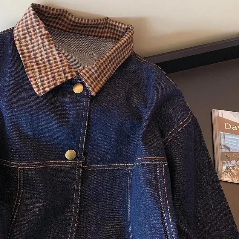 Retro plaid splicing lapel denim short jacket women's autumn 2025 new American casual simple versatile top