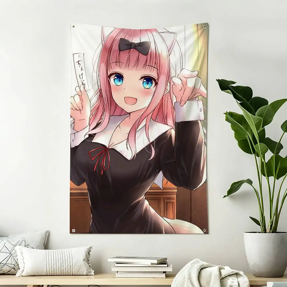 Cute C-Chika F-Fujiwara K-Kaguya-sama Vertical Flag Tapestry Wall Hanging Indoor Outdoor Home Decor