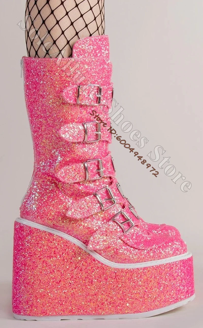 Glitter Multi Heart Buckle Wedge Platform Boots Vertical Adjustable Strap Tall Knee Sweet Goth Booties Punk Boots view 4