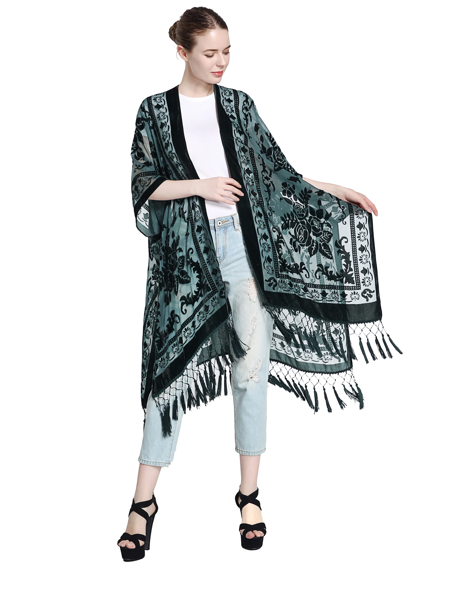 WeHello Bohemian Plush Kimono for Woman Long Cardigan With tassel Beach Cover-up Luxury Cardigan Shawl Tassel Chiffon Shirt