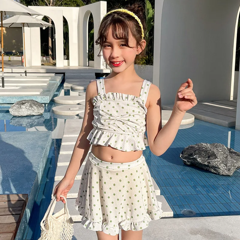 Girls Skirt Style Two-piece Set of Fashionable Polka Dot Primary School Students' Hot Spring Vacation Swimsuit