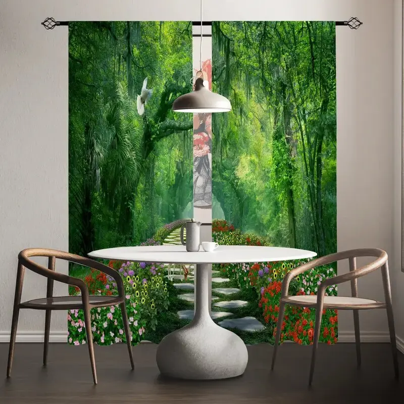 ستائر مطبوعة لمسار الغابة والزهور، ستائر كيس عمود، 42*84، غرفة النوم وغرفة المعيشة، ديكور المنزل، ديكور الغرفة