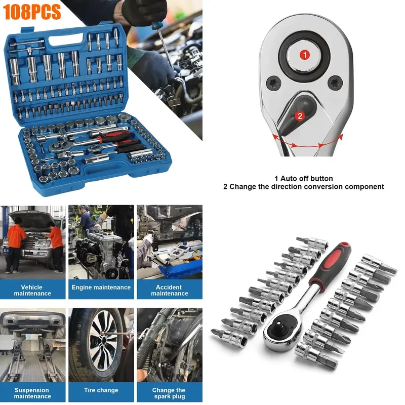 

108pcs Ratchet Socket Wrench Set Car Repair Tool Torque Wrench Combo Kit 1/4 1/2 Ratchet Spanner Screwdriver Bits Hand Tool