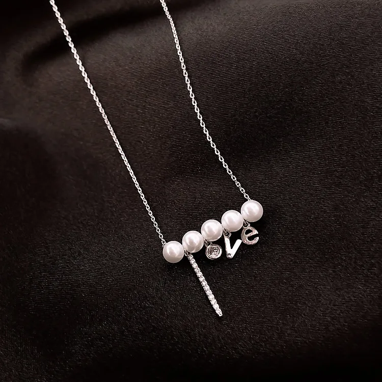 Newly LOVE Letter Pendant Single Row Pearl Necklace Women's Clavicle Chain 925 Silver Fashion Jewelry Party Birthday Gift