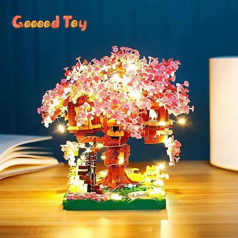 

Building Block Sakura Tree House Model Succulents Led Cherry Blossom Constructor Set City Micro Building Brick Moc Gifts Girls