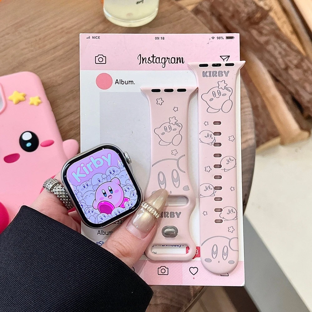 Cute Kirby Silicone Watch Band, Pink Strap for Apple Watch SE Series 11 10 9 8 7, iWatch Decor Gift