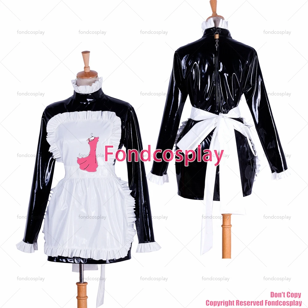 

fondcosplay adult sexy cross dressing sissy maid lockable black heavy PVC dress Uniform white apron costume CD/TV[G1743]