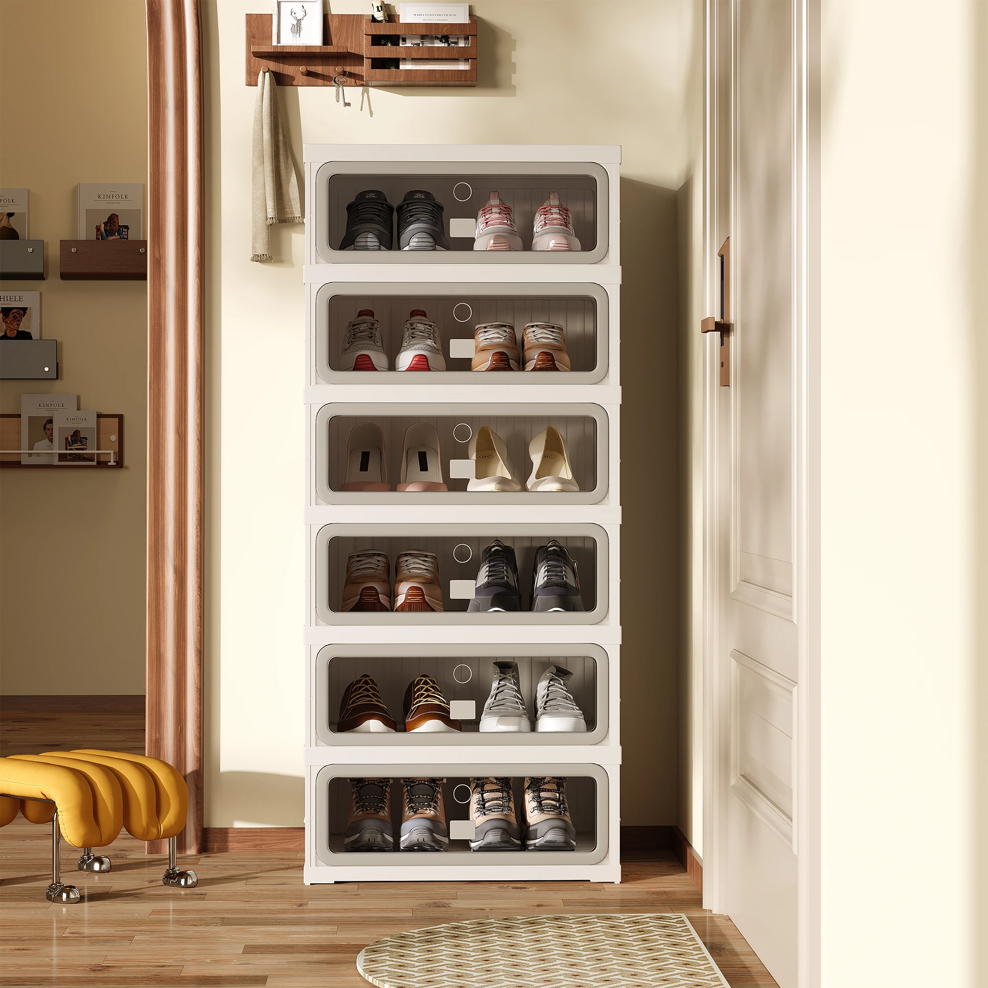 Superaly, weißer, faltbarer Schuhschrank mit 6 Ebenen, Schuhregal aus Kunststoff mit transparenter Front, freistehendes Schuhregal für Flur, Schlafzimmer oder Wohnung, Schuhaufbewahrungsmöbel mit